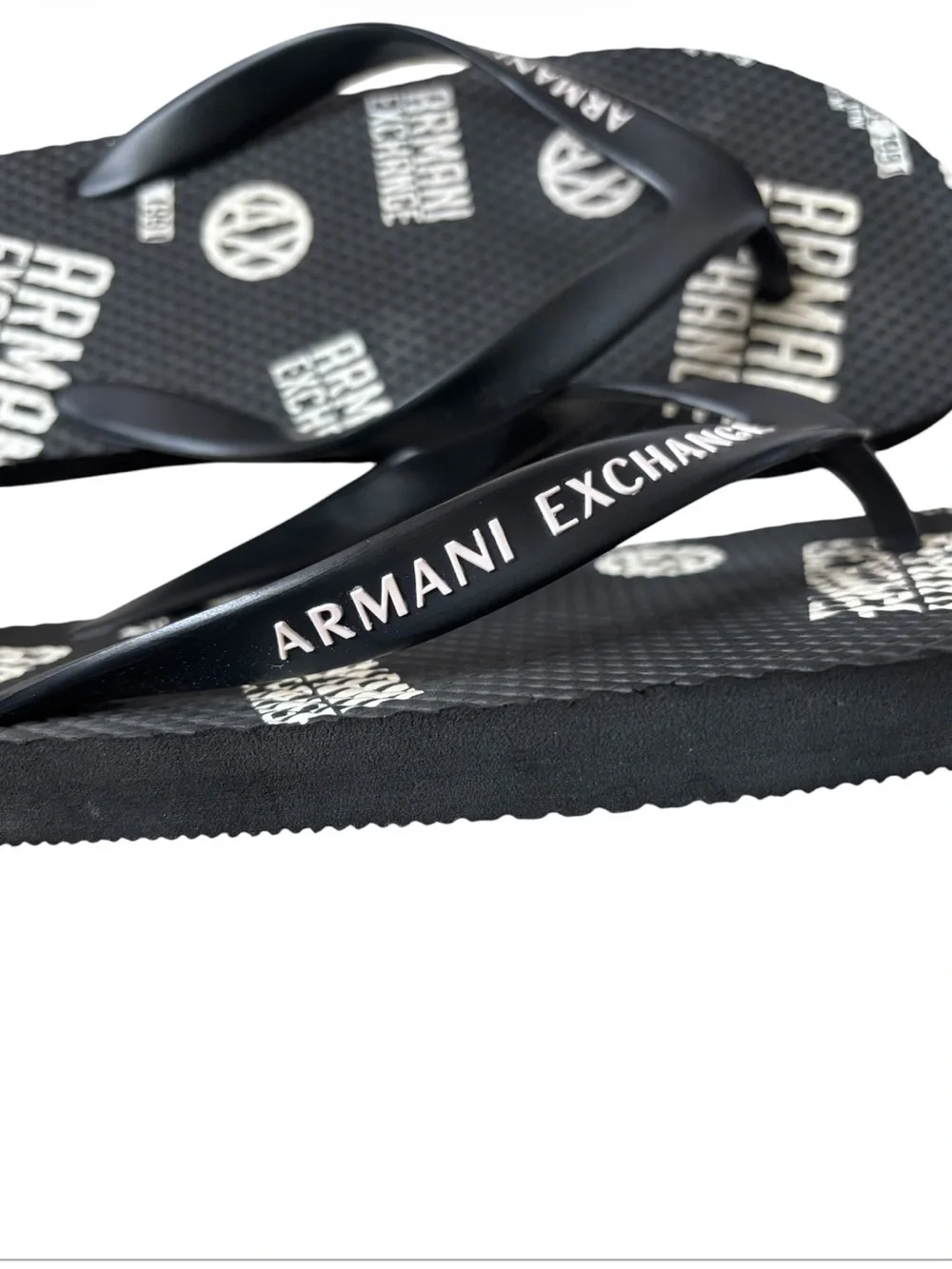 Armani Exchange Black Flip Flop Sandals with White Logo Print